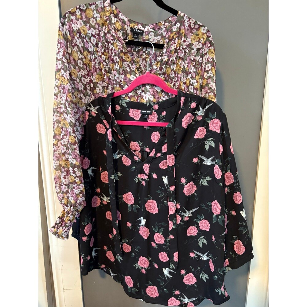 Torrid size 1 lot of 2 blouses, black roses and purple floral tops